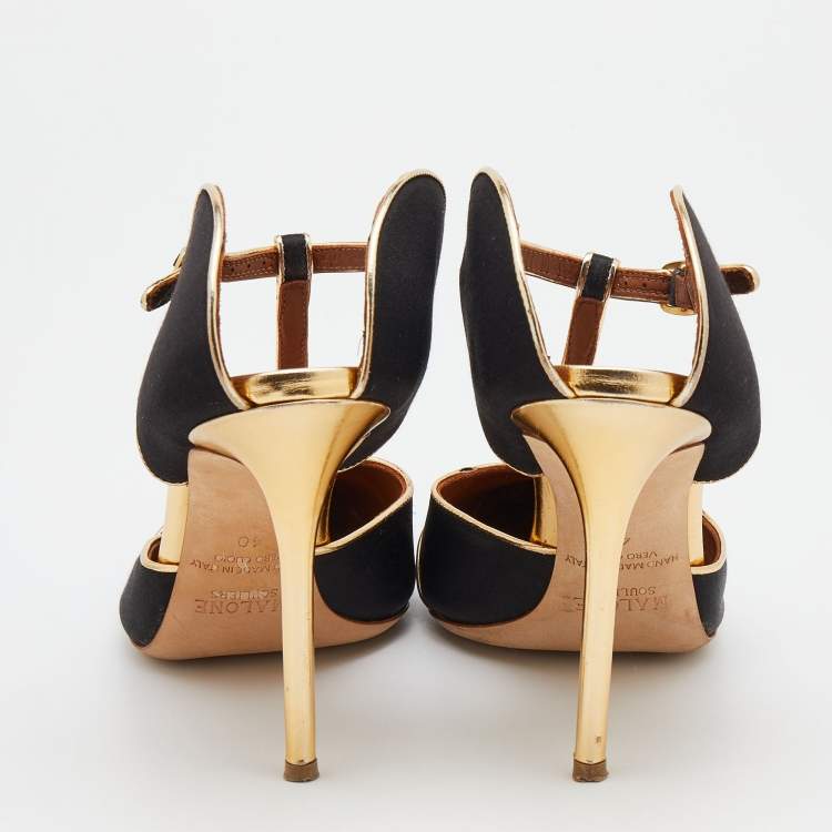 Pre Owned Malone Souliers Black/Gold Satin And Leather Imogen Pointed Toe Sandals Size 40