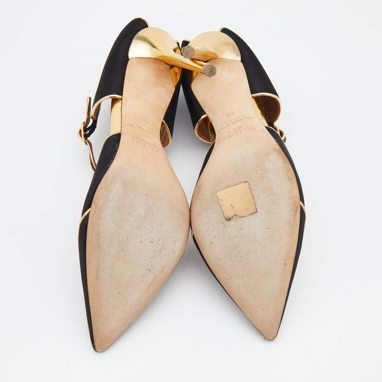 Pre Owned Malone Souliers Black/Gold Satin And Leather Imogen Pointed Toe Sandals Size 40