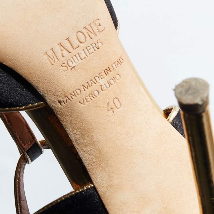 Pre Owned Malone Souliers Black/Gold Satin And Leather Imogen Pointed Toe Sandals Size 40