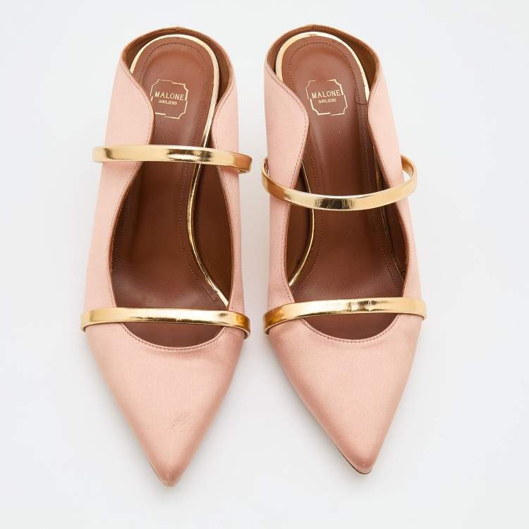 Pre Owned Malone Souliers Beige/Metallic Gold Satin And Leather Maureen Pointed Toe Mules Size 38.5