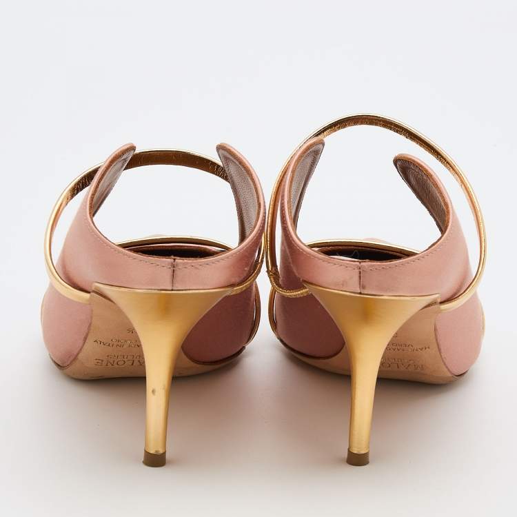 Pre Owned Malone Souliers Beige/Metallic Gold Satin And Leather Maureen Pointed Toe Mules Size 38.5