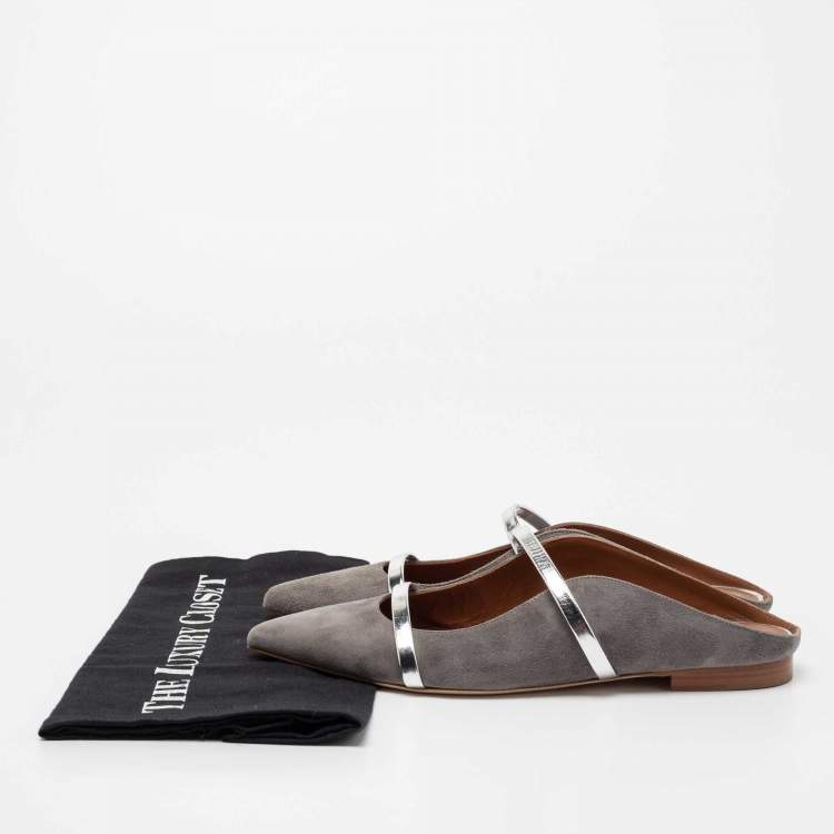 Pre Owned Malone Souliers Grey/Silver Suede and Leather Maureen Flat Mules Size 37