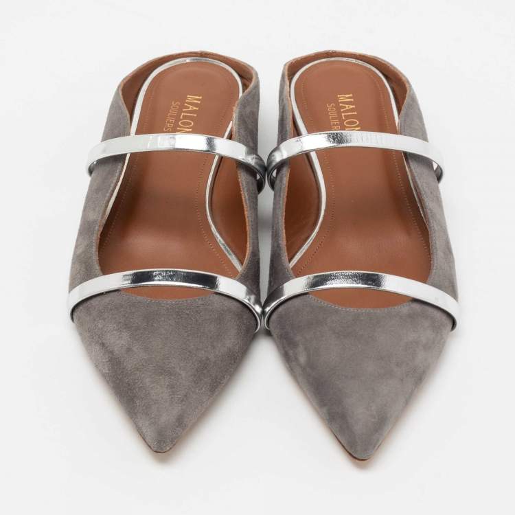 Pre Owned Malone Souliers Grey/Silver Suede and Leather Maureen Flat Mules Size 37