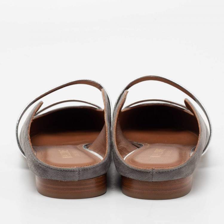 Pre Owned Malone Souliers Grey/Silver Suede and Leather Maureen Flat Mules Size 37