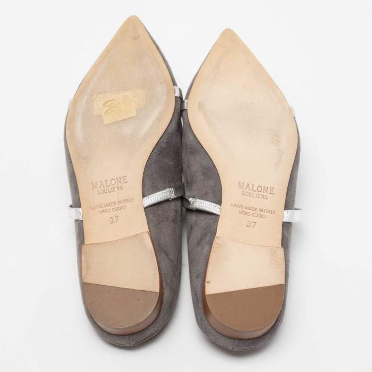 Pre Owned Malone Souliers Grey/Silver Suede and Leather Maureen Flat Mules Size 37