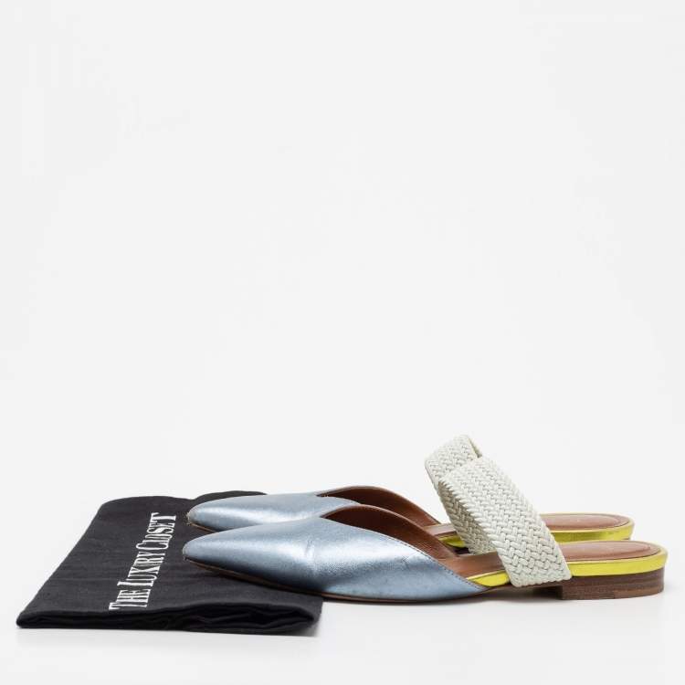 Pre Owned Malone Souliers by Roy Luwolt Metallic Blue Leather And Elastic Maisie Flat Mules Size 36