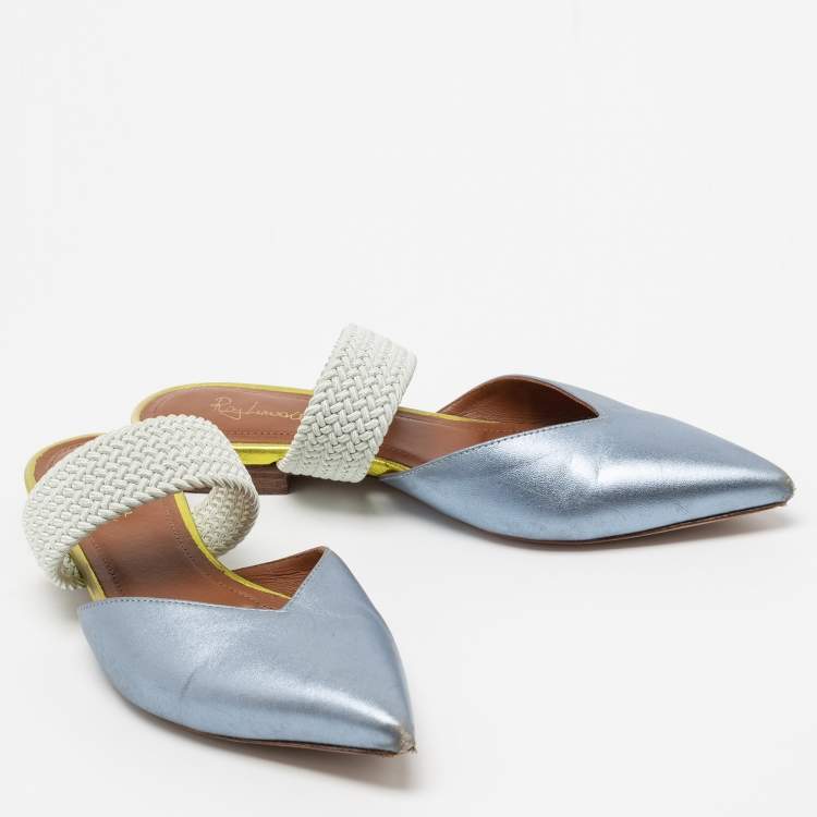 Pre Owned Malone Souliers by Roy Luwolt Metallic Blue Leather And Elastic Maisie Flat Mules Size 36