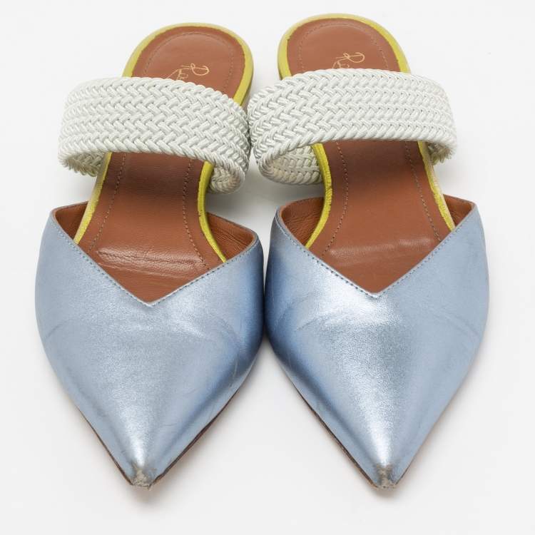 Pre Owned Malone Souliers by Roy Luwolt Metallic Blue Leather And Elastic Maisie Flat Mules Size 36