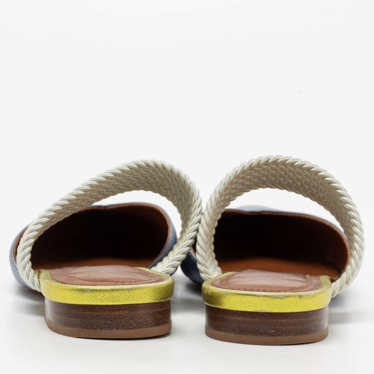 Pre Owned Malone Souliers by Roy Luwolt Metallic Blue Leather And Elastic Maisie Flat Mules Size 36