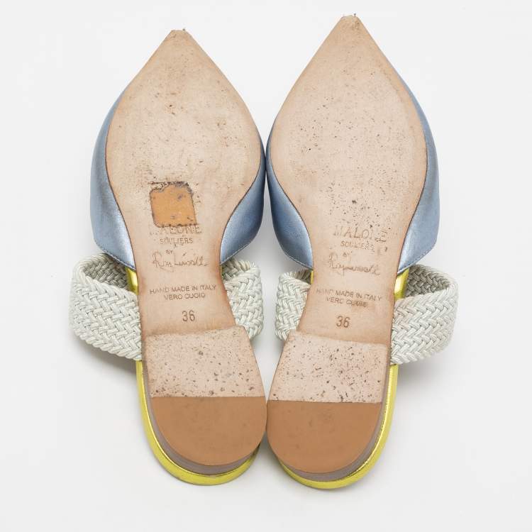 Pre Owned Malone Souliers by Roy Luwolt Metallic Blue Leather And Elastic Maisie Flat Mules Size 36