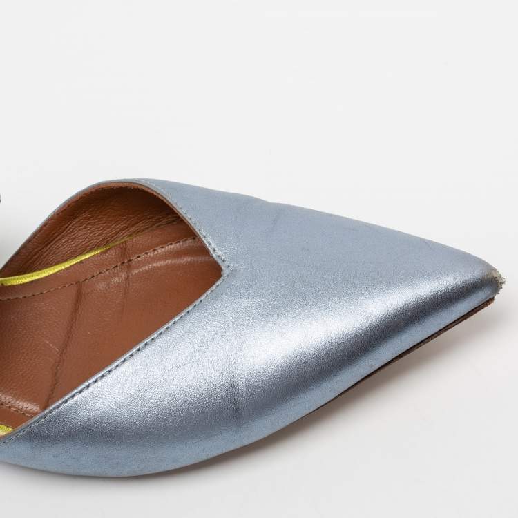 Pre Owned Malone Souliers by Roy Luwolt Metallic Blue Leather And Elastic Maisie Flat Mules Size 36