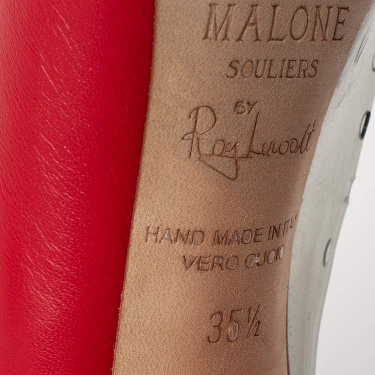 Pre Owned Malone Souliers by Roy Luwolt Red/Blue Leather And PVC Blaire Mid Calf Boots Size 35.5