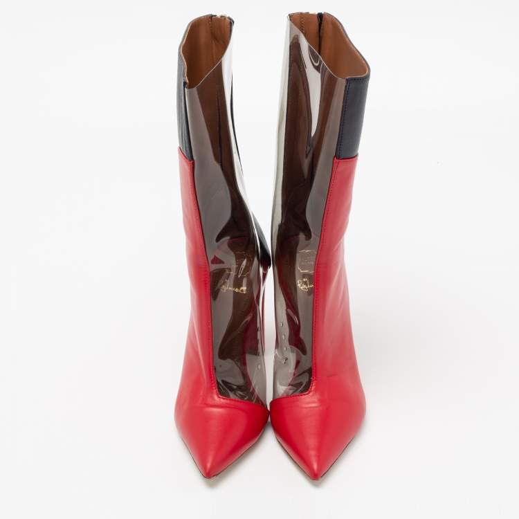 Pre Owned Malone Souliers by Roy Luwolt Red/Blue Leather And PVC Blaire Mid Calf Boots Size 35.5