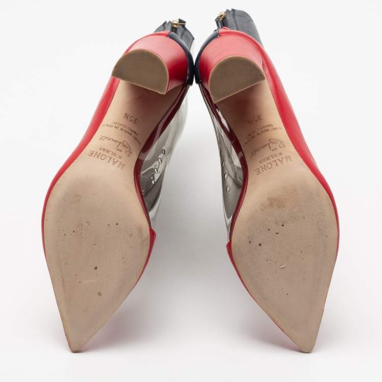 Pre Owned Malone Souliers by Roy Luwolt Red/Blue Leather And PVC Blaire Mid Calf Boots Size 35.5