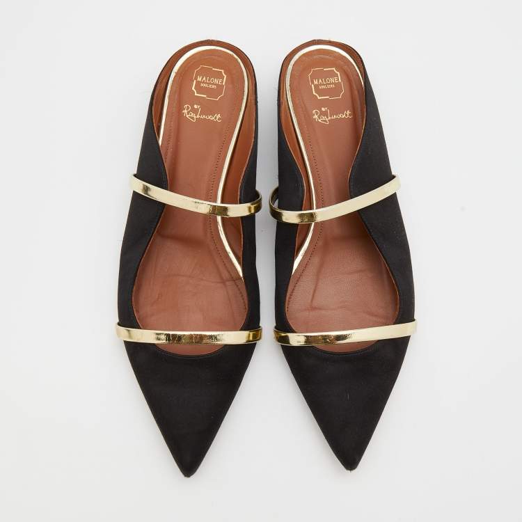 Pre Owned Malone Souliers Black/Gold Satin And Leather Maureen Pointed Toe Flat Mules Size 39