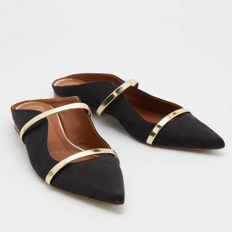 Pre Owned Malone Souliers Black/Gold Satin And Leather Maureen Pointed Toe Flat Mules Size 39