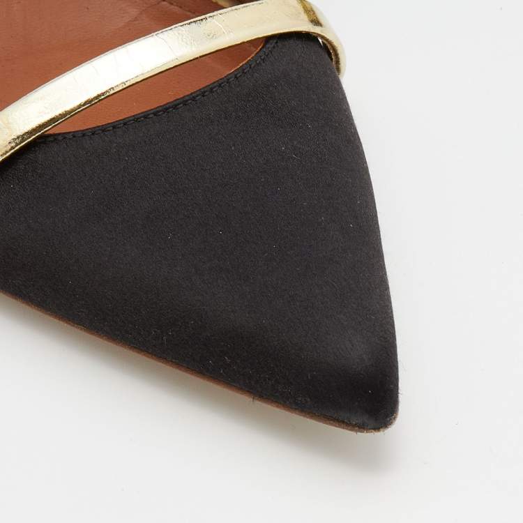 Pre Owned Malone Souliers Black/Gold Satin And Leather Maureen Pointed Toe Flat Mules Size 39
