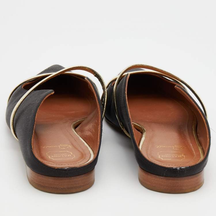Pre Owned Malone Souliers Black/Gold Satin And Leather Maureen Pointed Toe Flat Mules Size 39