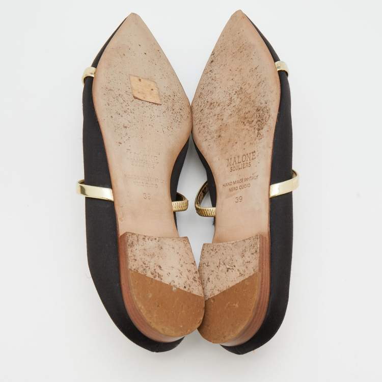 Pre Owned Malone Souliers Black/Gold Satin And Leather Maureen Pointed Toe Flat Mules Size 39