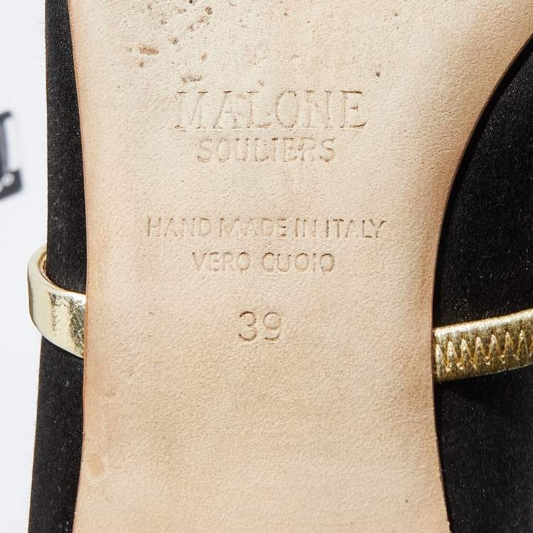Pre Owned Malone Souliers Black/Gold Satin And Leather Maureen Pointed Toe Flat Mules Size 39