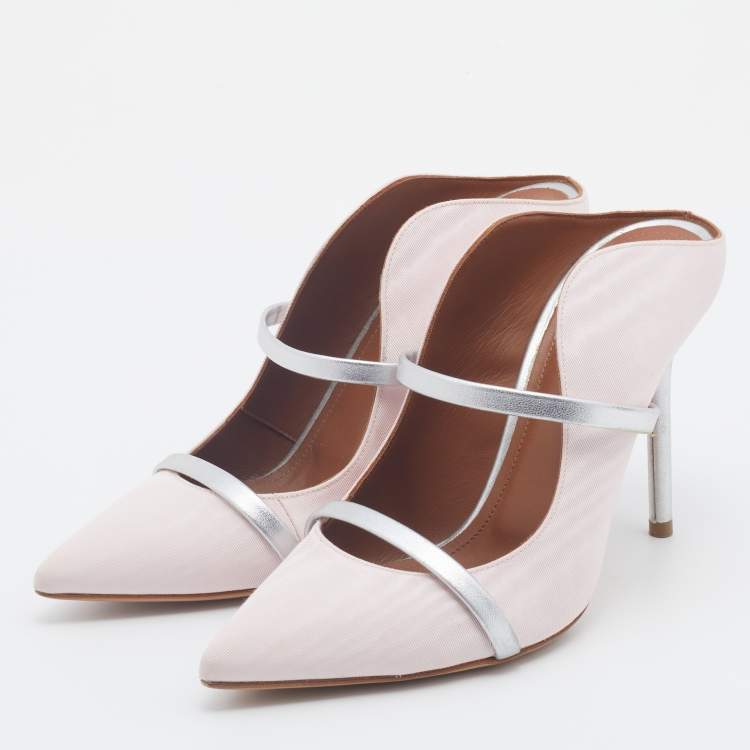 Pre Owned Malone Souliers Light Pink/Silver Fabric And Leather Maureen Pointed Toe Mules Size 37.5