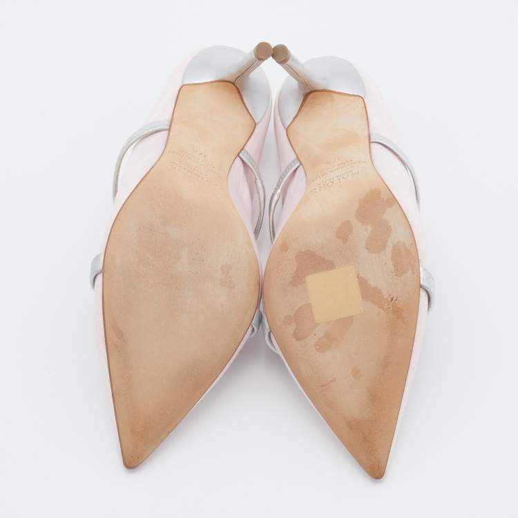 Pre Owned Malone Souliers Light Pink/Silver Fabric And Leather Maureen Pointed Toe Mules Size 37.5