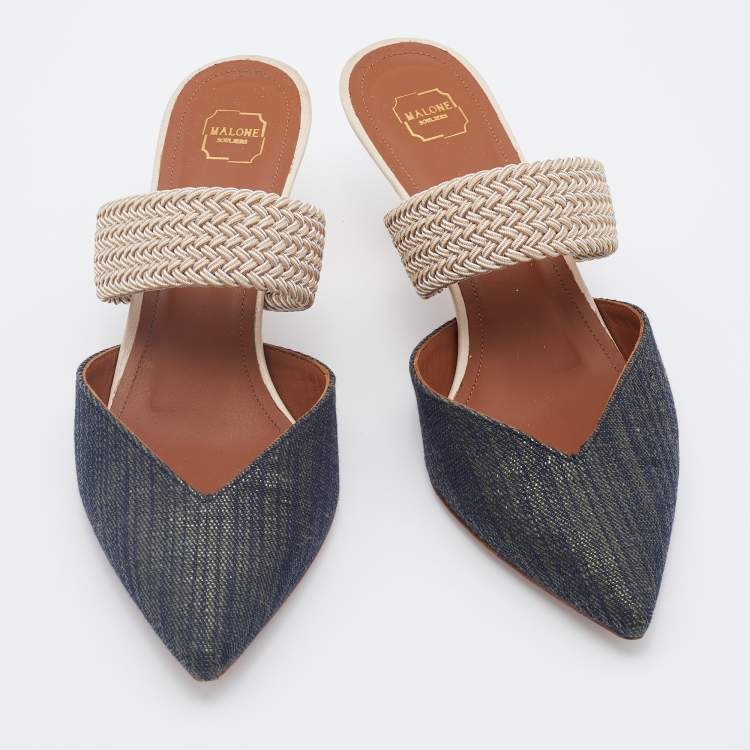 Pre Owned Malone Souliers Blue/Silver Canvas And Woven Fabric Maisie Mules Size 36