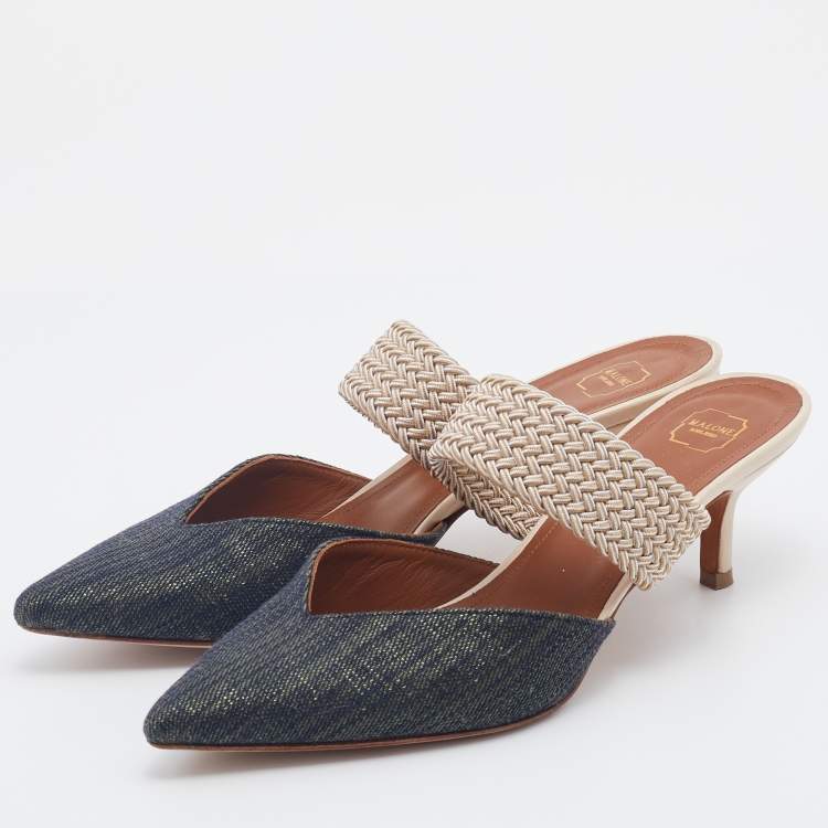 Pre Owned Malone Souliers Blue/Silver Canvas And Woven Fabric Maisie Mules Size 36