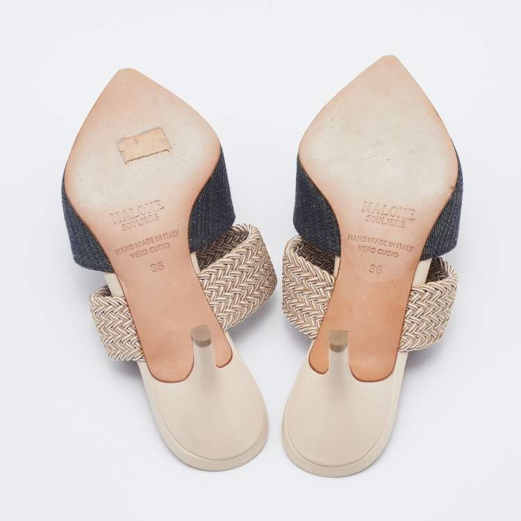 Pre Owned Malone Souliers Blue/Silver Canvas And Woven Fabric Maisie Mules Size 36