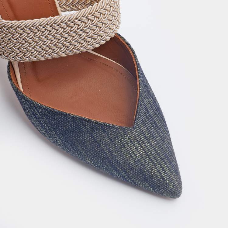 Pre Owned Malone Souliers Blue/Silver Canvas And Woven Fabric Maisie Mules Size 36