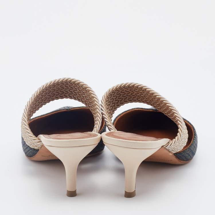 Pre Owned Malone Souliers Blue/Silver Canvas And Woven Fabric Maisie Mules Size 36