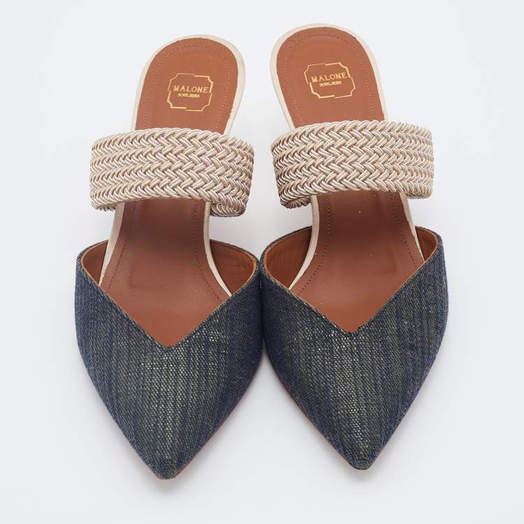 Pre Owned Malone Souliers Blue/Silver Canvas And Woven Fabric Maisie Mules Size 36