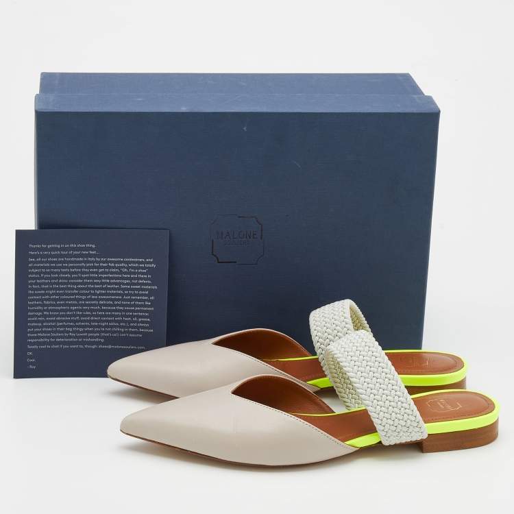Pre Owned Malone Souliers Beige/Mint Green Leather And Woven Fabric Maisie Flat Mules Size 36.5