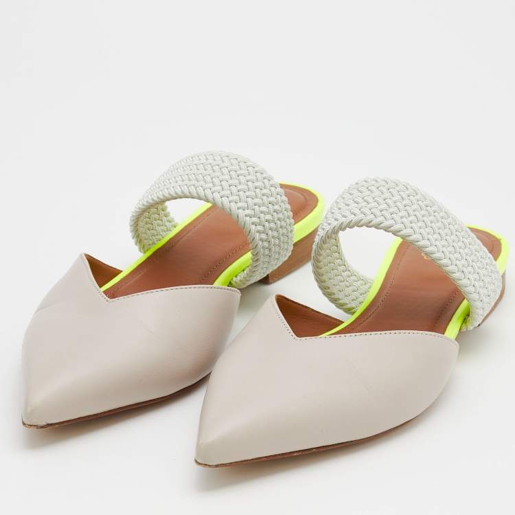 Pre Owned Malone Souliers Beige/Mint Green Leather And Woven Fabric Maisie Flat Mules Size 36.5