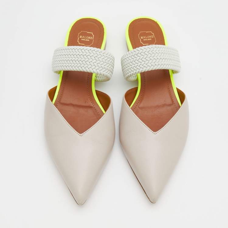 Pre Owned Malone Souliers Beige/Mint Green Leather And Woven Fabric Maisie Flat Mules Size 36.5