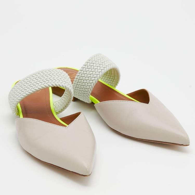 Pre Owned Malone Souliers Beige/Mint Green Leather And Woven Fabric Maisie Flat Mules Size 36.5
