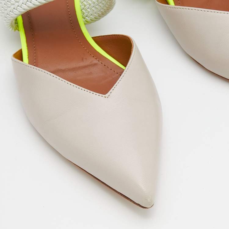 Pre Owned Malone Souliers Beige/Mint Green Leather And Woven Fabric Maisie Flat Mules Size 36.5