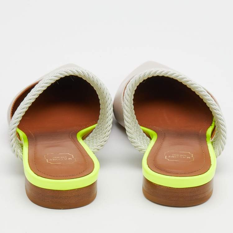 Pre Owned Malone Souliers Beige/Mint Green Leather And Woven Fabric Maisie Flat Mules Size 36.5