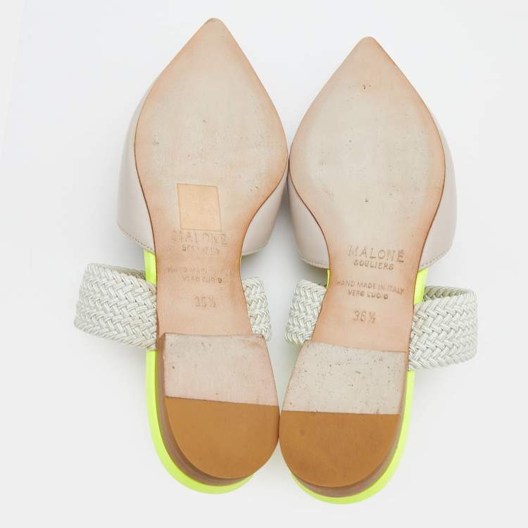 Pre Owned Malone Souliers Beige/Mint Green Leather And Woven Fabric Maisie Flat Mules Size 36.5