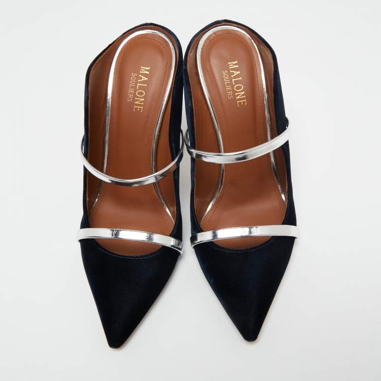 Pre Owned Malone Souliers Black Velvet And Leather Maureen Mules Size 38.5