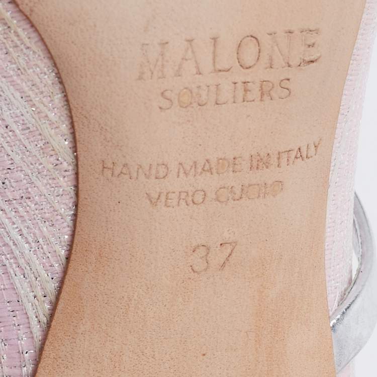 Pre Owned Malone Souliers Pink/Silver Fabric And Leather Maureen Pointed Toe Mules Sandals Size 37