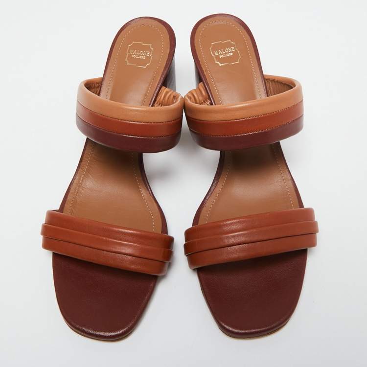 Pre Owned Malone Souliers Brown/Tan Leather Double Strap Slide Sandals Size 38.5