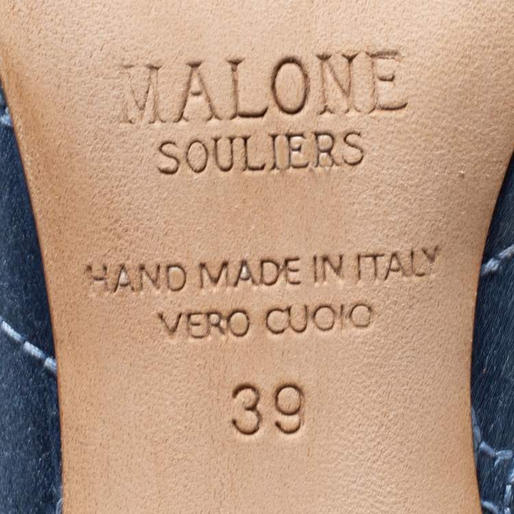 مملوكة مسبقًا Malone Souliers Steel Blue Quilted Satin Maureen Mules Size 39
