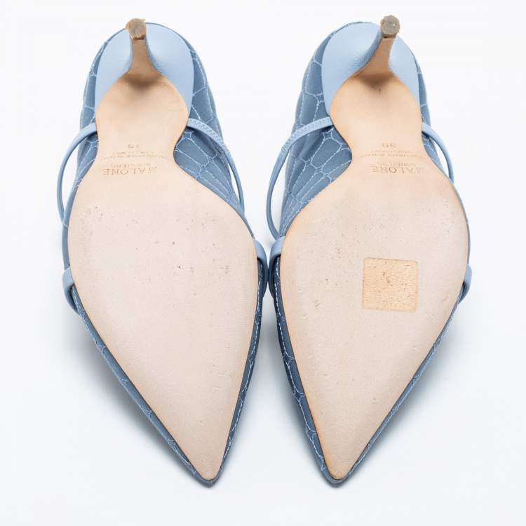 مملوكة مسبقًا Malone Souliers Steel Blue Quilted Satin Maureen Mules Size 39