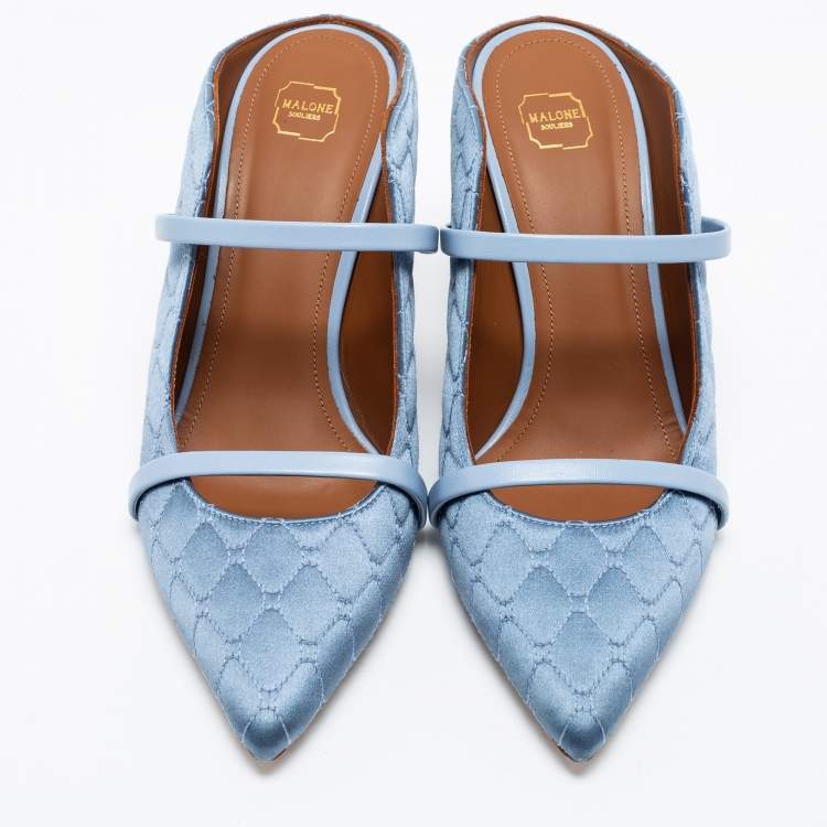 مملوكة مسبقًا Malone Souliers Steel Blue Quilted Satin Maureen Mules Size 39