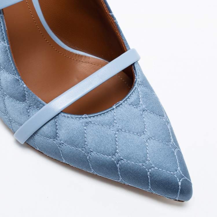 مملوكة مسبقًا Malone Souliers Steel Blue Quilted Satin Maureen Mules Size 39