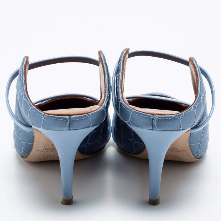 مملوكة مسبقًا Malone Souliers Steel Blue Quilted Satin Maureen Mules Size 39