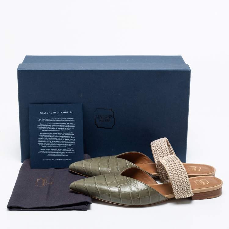 مملوكة مسبقًا Malone Souliers Grey Croc Embossed Leather and Elastic Maisie Flat Mules Size 38