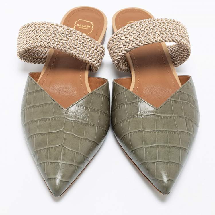 مملوكة مسبقًا Malone Souliers Grey Croc Embossed Leather and Elastic Maisie Flat Mules Size 38