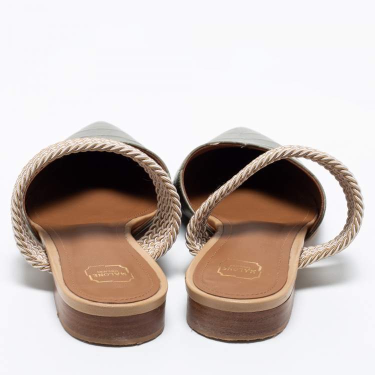 مملوكة مسبقًا Malone Souliers Grey Croc Embossed Leather and Elastic Maisie Flat Mules Size 38